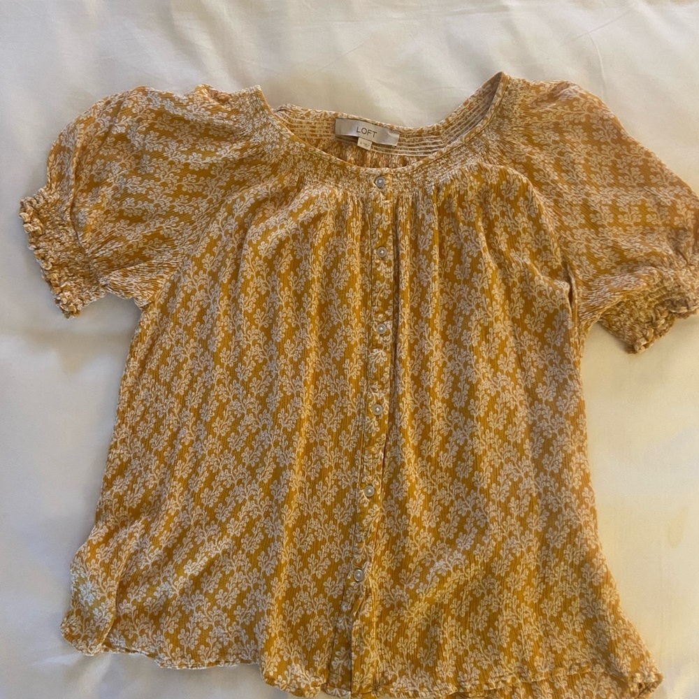 LOFT Mustard and White Patterned Blouse. Button up.  Smoking at neck and sleeves